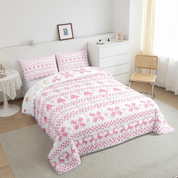 Feelyou Christmas Bedding Set for Kids Boys Girls King Size Xmas Deer Elk Decor Comforter Set Ultra Soft Winter Comforter Xmas Snowflake Duvet Quilt Bedroom Decor Christmas Decor Quilt