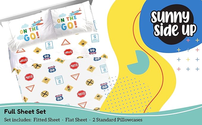 Sunny Side Up On The Go Full Sheet Set - 4 Piece Kids Bedding Set Includes Pillow Cover - Super Soft Vehicles Microfiber Sheets