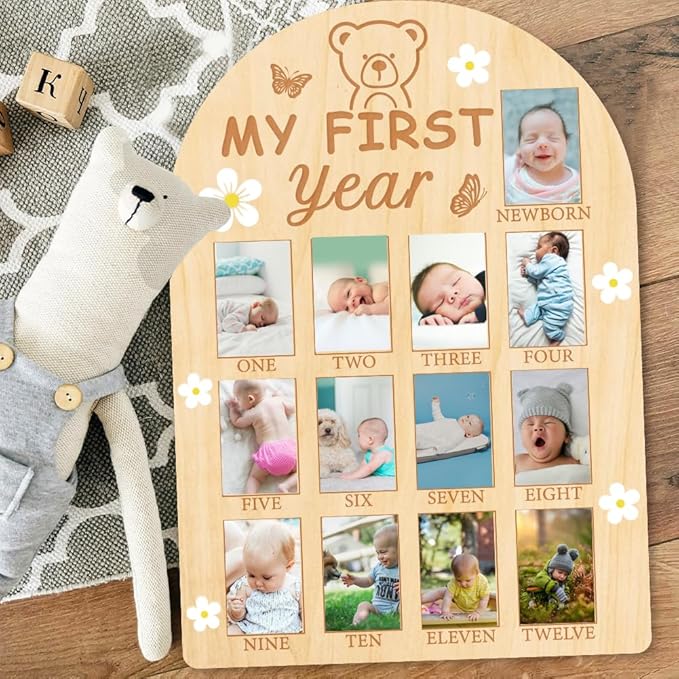 ORIGACH My First Year Baby Growth Photo Display Wood Board - 12 Months Newborn Milestones Photo Board - Neutral Baby Keepsake Frame 1st Birthday Party Nursery Decor New Mom Gift - Bear