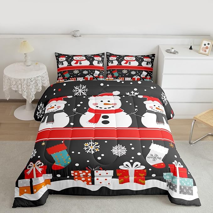 Feelyou Christmas Comforter Set Twin Size Snowman Bedding Set for Kids Boys Girls Snowflake Duvet Quilt New Year Gift Bedroom Decor Microfiber 2 Pcs with 1 Pillow Cases