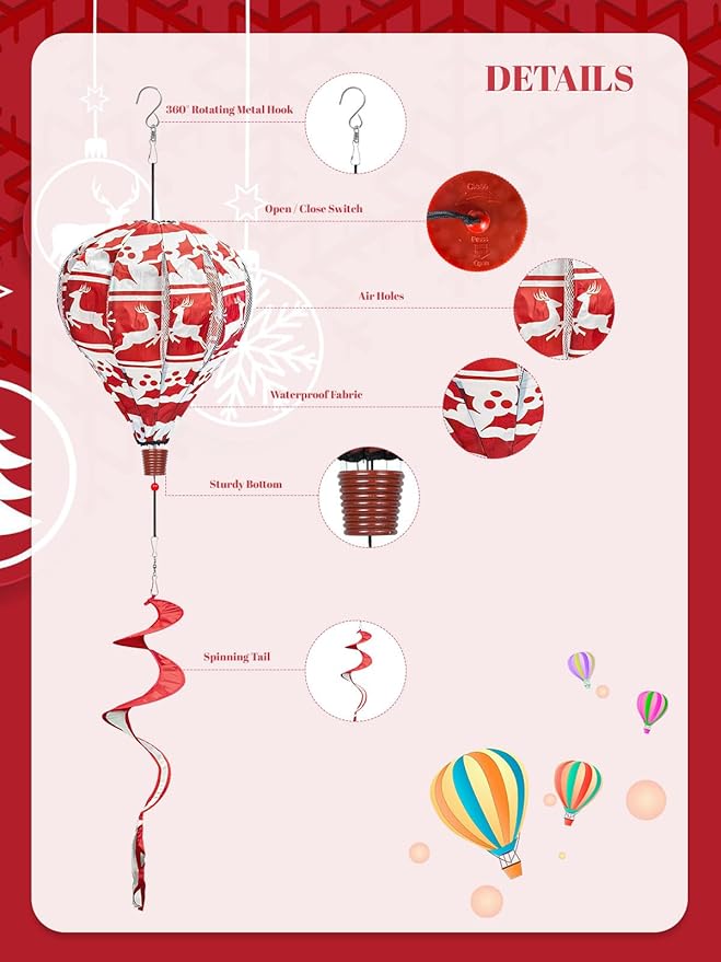 2PCS Giant Christmas Snowman Reindeer Hot Air Balloon Wind Spinners 14" W x 59" H Large Red&White Whirligig Wind Spinner Hanging Ornaments for Yard Garden Lawn Outdoor Decorations