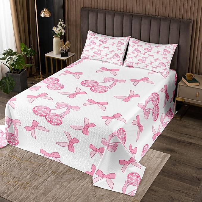 Cartoon Bowknot Kids Bedspread King Size,Western Cowgirl Disco Ball Retro Coverlet Set,Girls Women Room Decor,Bow Tie Cute Princess Quilted Coverlet,Pink Romantic Bedding Quilt,2 Pillowcases