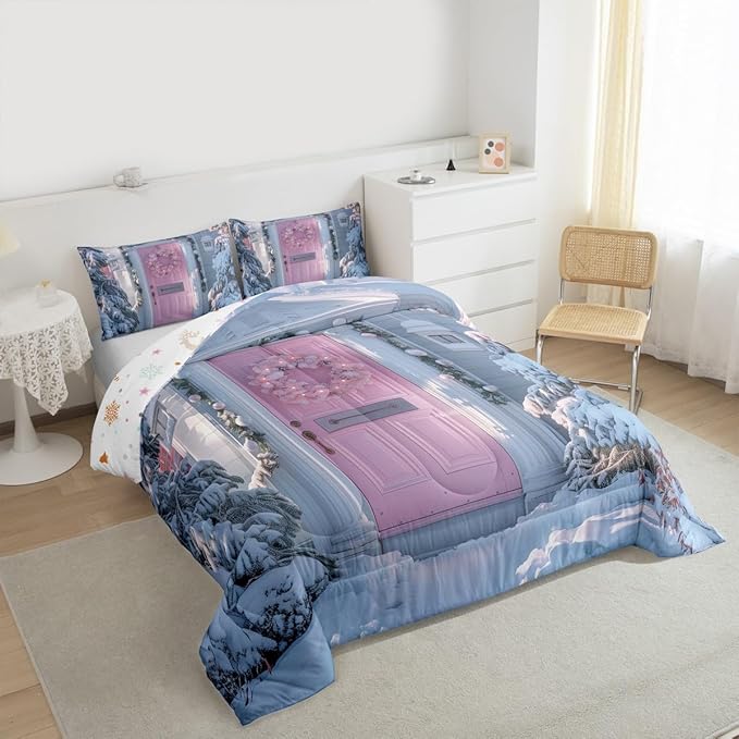 Feelyou Winter Snowscape Bedding Set Soft for Boys Girls, Merry Christmas Comforter Set Twin Size Pink Door Duvet Quilt Microfiber Garland Xmas Tree Bedroom Decor 2 Pcs with 1 Pillow Cases