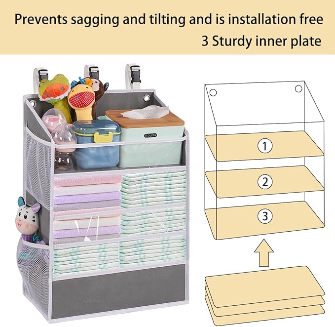 WishJazz XL Hanging Diaper Caddy Organizer for Changing Table, Crib, Playard, Wall & Door, Reinforced Diaper Stacker and Nursery Organizer-Hold 90+Diaper for Newborn Baby Essentials