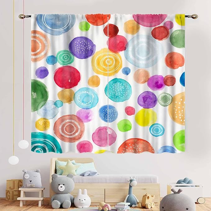 Colorful Curtains for Girls Bedroom, Watercolor Rainbow Cartoon Abstract Circle Polka Dots Splashes Cute Window Drapery for Kids Boys Girls Classroom Living Room Nursery 2 Panels, 55"x63" Inch