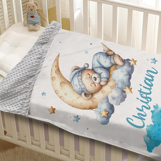 Personalized Baby Blanket with Name, Customized Blanket for Newborn Boys Girls, Sleepy Bear Theme Baby Name Blanket with Dotted Backing, Receiving Swaddle, Baby Shower Birthday Gifts(47" x60)