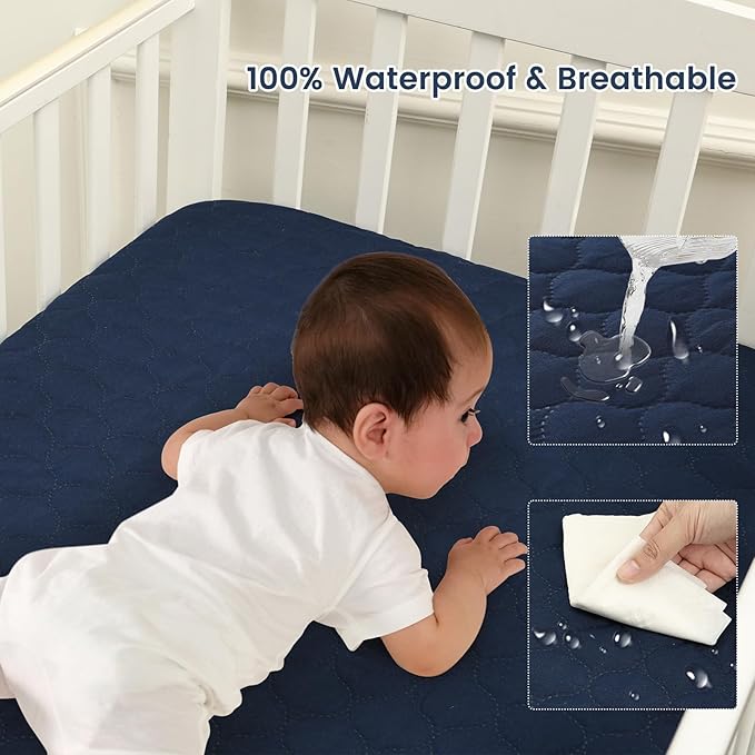 david's kids 2 Pack 52''x28'' Waterproof Crib Mattress Protector Pad Cover Stretch up to 8", Fitted Standard Crib and Toddler Mattresses, Soft and Breathable for Boys Girls, Navy Blue & Sage Green