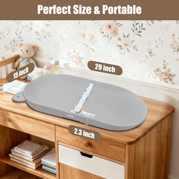 Waterproof Baby Changing Pad, Lightweight and Portable Changing Table with Strap for Changing Diaper, Dresser, Changing Table, Bed, Wipeable Changing Pad, Grey