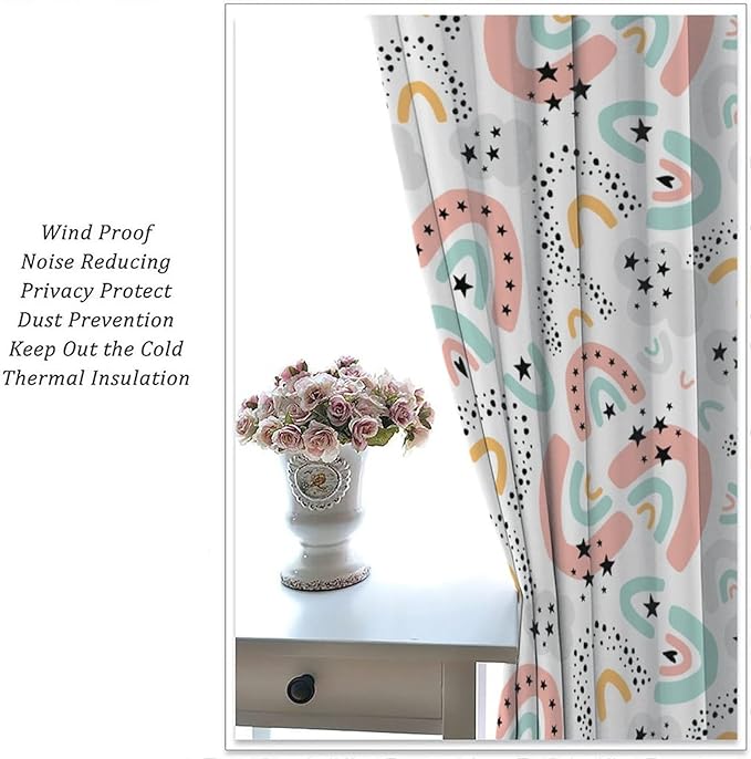 Boho Rainbow Curtains for Kids Nursery Colorful Floral Sun Star Clouds Pastel Bohemian Pattern Print Window Drapes for Girl Bedroom Living Room Kitchen Decor,2 Panel Set,63Wx63H Inch Blackout