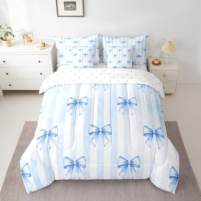 7 Pieces Blue Bowknot Kids Comforter Full Size,Geometric Stripes Bow Tie Patchwork Dreamy Girls Bedding Set,Butterfly Knot Princess Cute（Comforter+Fitted+Flat+2 Pillowcases+2 Throw Pillow Covers）