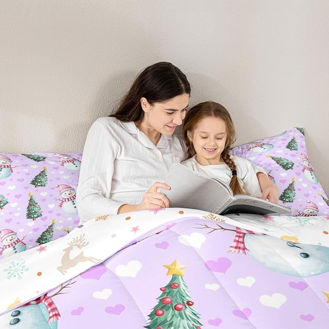 Feelyou Merry Christmas Bedding Set Soft for Boys Girls, Cute Snowman Comforter Set Full Size Christmas Tree Duvet Quilt Microfiber Love Hearts 3 Pcs with 2 Pillow Cases