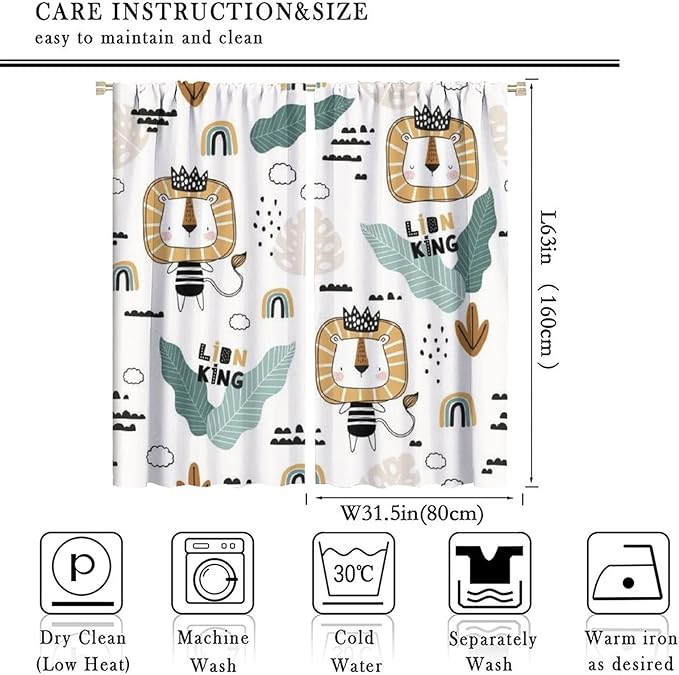 Cartoon Little Lion King Window Curtains for Baby Child,Cute Funny Forest Animals,Tropical Jungle Leaves Wildlife Boho Rainbow Print Blackout Drapes for Nursery Boys Girls Kids Bedroom 63x63in