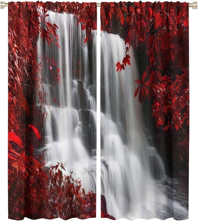 Red Forest Waterfall Blackout Windows Curtains, 2 Panels, 42x54in, Red & Black, Rustic Style, Rod Pocket Top, Suitable for Bedroom, Living Room