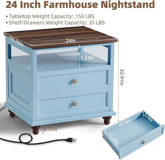 Farmhouse Dresser and Nightstand Sets, Wood 54" Wide Dresser & 24" Night Stand with Charging Station, 2 Piece Bedroom Furniture Set, Chest of Drawers for Bedroom, Home, Living Room, Hallway