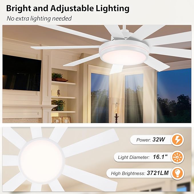 WINGBO 60" Ceiling Fan with Light - Large LED Dimmable Light, 6-Speed Remote Control, Reversible DC Motor, Modern Ceiling Fan 9 Blades for Bedroom, Living Room, Indoor Outdoor White and Oak