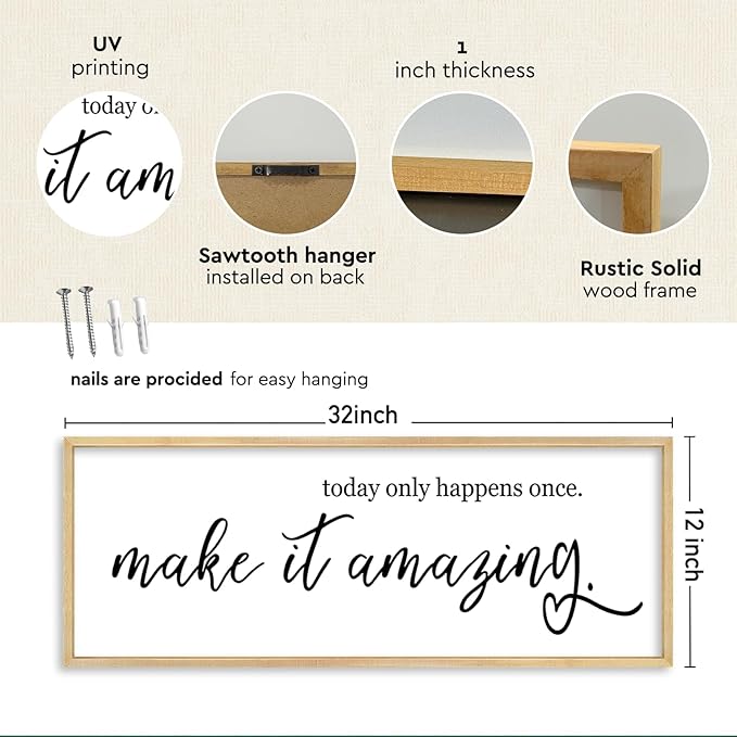 YWJKWLGS Inspirational Quotes for Home office Wall Decor 32x12 Inch Motivational Wall Art Today Only Happens Once Make It Amazing Sign Living Room Large positive Wood Framed Hanging (Wood)