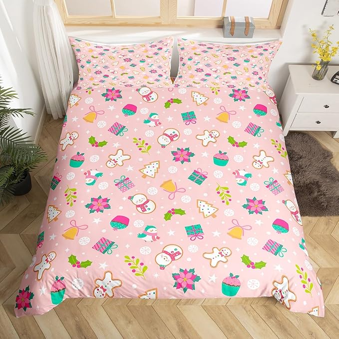 Christmas Kids Bedding Set Cartoon Christmas Tree Snowman Duvet Cover for Boys Children Teens Bedroom Decor Flower Birds Comforter Cover Set Pink New Year Bedspread Cover Twin Size with 1 Pillow Case