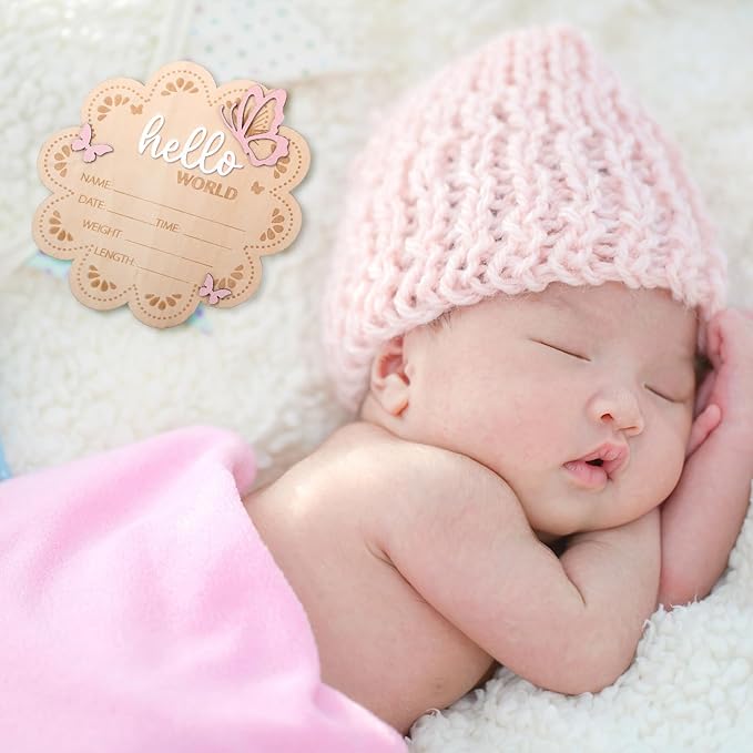 Wooden Baby Announcement Sign, Butterfly Design, Hello World Newborn Welcome Plaque for Photo Props, Baby Shower, Hospital, Nursery Decor