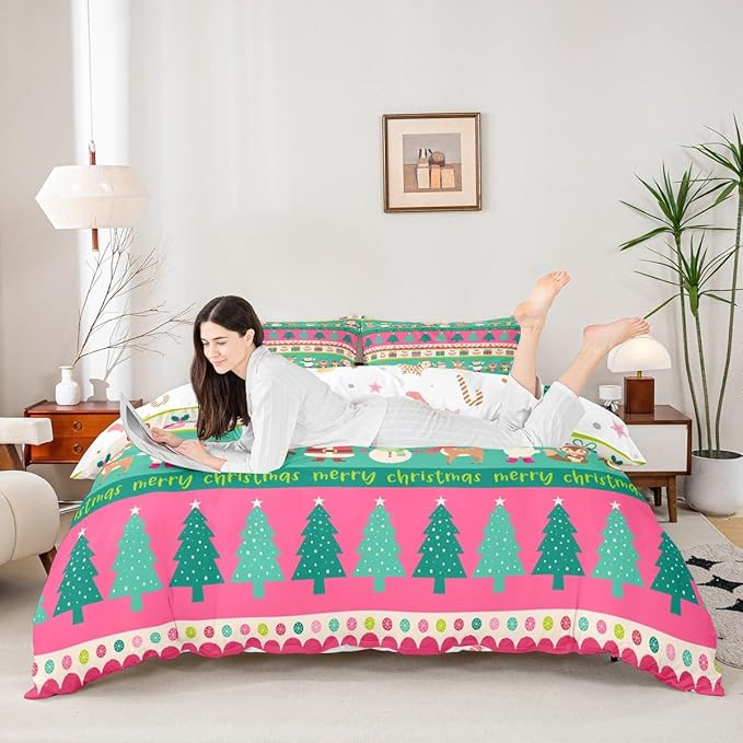 Christmas Bedding Set Cute Snowman Santa Claus Deer Comforter Cover for Kids Christmas Tree Xmas Theme Duvet Cover Breathable Pink Geometric Stripes Bedspread Cover Room Decor Quilt Cover Toddler Size