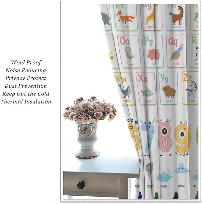 Alphabet Learning Curtain for Kids, Colorful Cartoon Animal Multiplication Table Educational, Classroom Child Printed Rod Pocket Blackout Window Drapes for Bedroom Living Room 63" W X 72" L