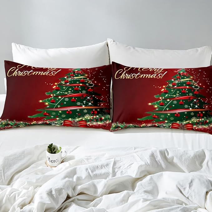 Christmas Tree Duvet Cover Set Full Size Fir Tree Branches and Deer Print Bedding Set 3pcs for Kids Girls New Year Theme Comforter Cover Merry Christmas Red Quilt Cover with 2 Pillowcases,No Comforter