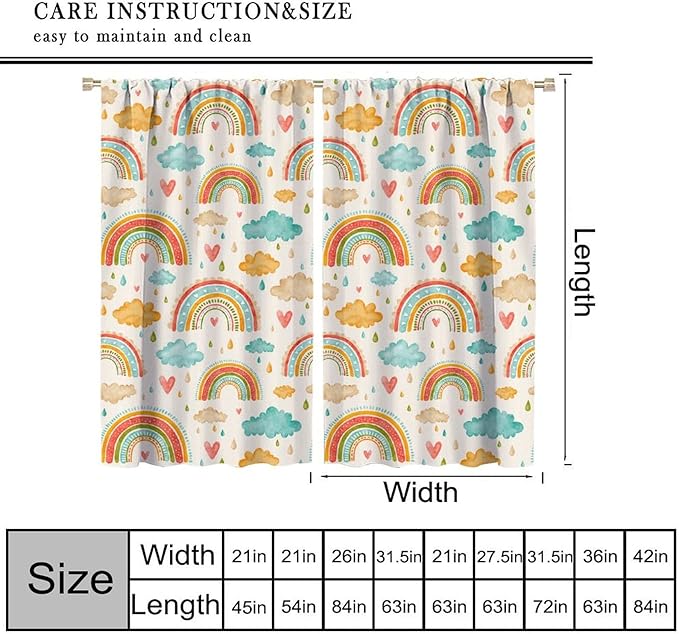 Boho Rainbow Curtains for Kids Nursery Colorful Floral Sun Star Clouds Pastel Bohemian Pattern Print Window Drapes for Girl Bedroom Living Room Kitchen Decor,2 Panel Set,42Wx45H Inch Blackout