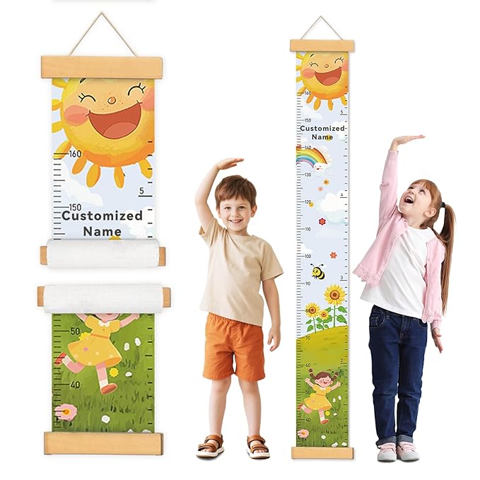 Personalized Name Growth Chart Wall Decor for Kids – Canvas Removable Height Chart Measuring Ruler 59" x 7.9" (Sun Sunflower)