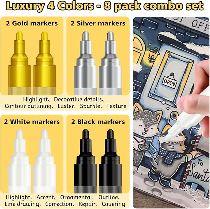 SFAIH Paint Markers Pens - 4 Colors 8 Pack Ultra-High Coverage Acrylic Paint Pens for Rock, Paper, Wood, Fabric, Glass, Metal, Ceramic, Painting, DIY Art Projects, Crafts, Large Capacity Permanent Ink