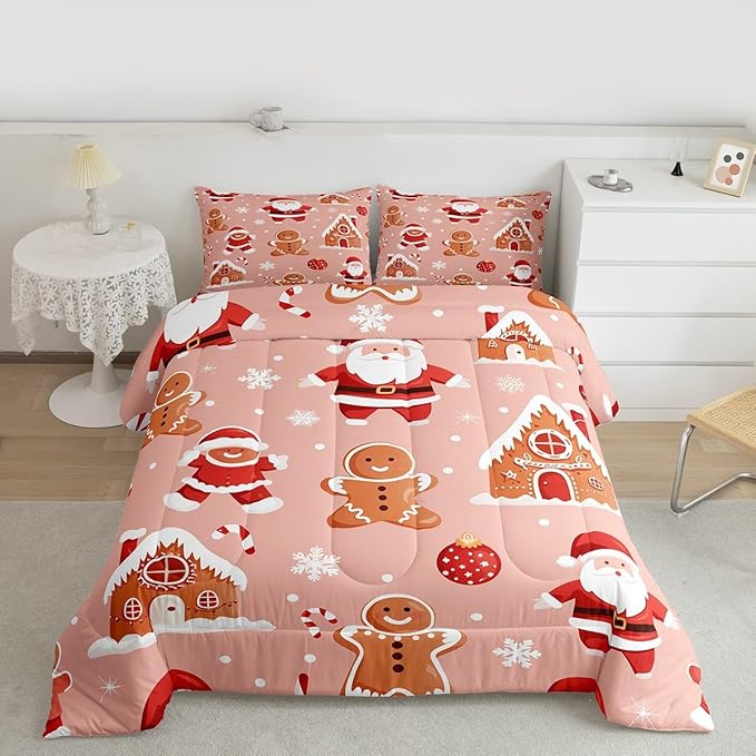 Feelyou Christmas Kids Comforter Set Toddler Size Santa Bedding Set Gingerbread Man Duvet Quilt for Kids Boys Girls Bedroom Snowflake Decor Microfiber Ultra Soft Breathable