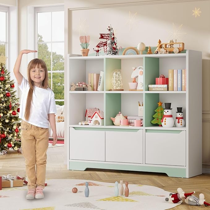Kids Bookshelf and Toy Organizer, 2 Tier Kids Book Shelf for Kid Rooms with 2 Doors, 6 Cubes Storage Organizer,Wood Children Bookcase,Freestanding Toddler Book Display Shelf for Playroom WhiteGreen