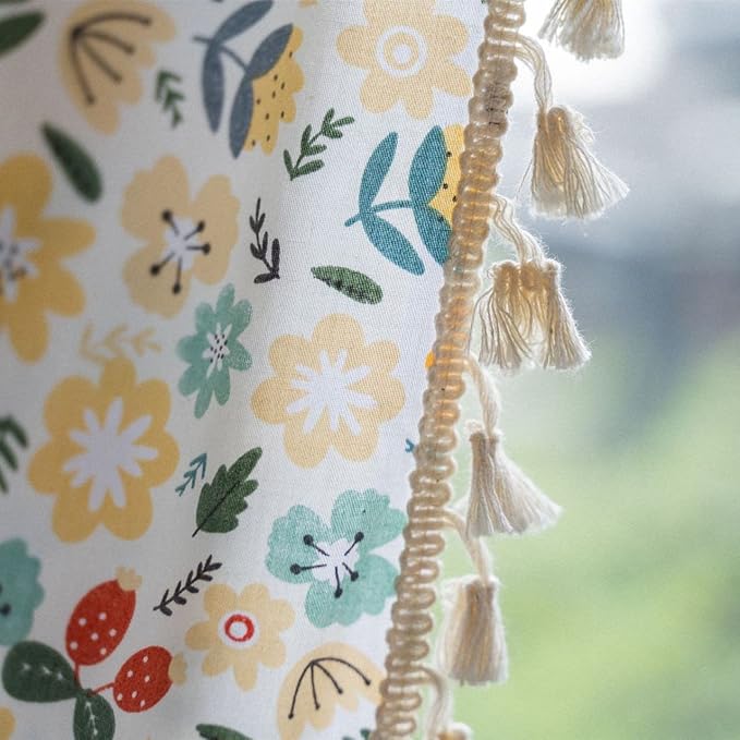Floral Curtains 63 Inch Length 2 Panels Tassel Boho Semi-Sheer Drapes Bedroom Living Room Farmhouse Short Rustic Country Yellow Green Flower Rod Pocket Cotton Linen Blend Window Curtain Panel