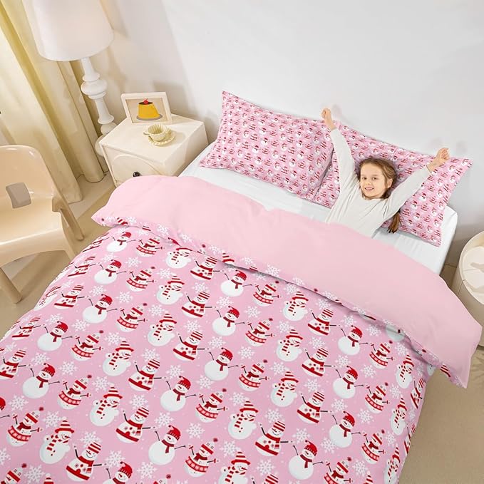 Christmas Bedding Duvet Cover Set Kids Cartoon Christmas Snowman Bedding Set Boys Girls Decor Snowflake Comforter Cover Set Microfiber Pink Xmas Theme Bedspread Cover Bedroom Bedclothes Full Size