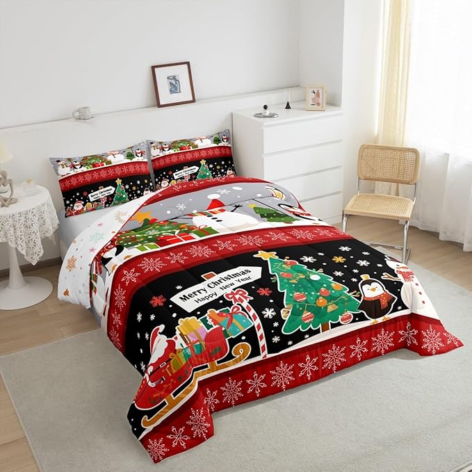 Erosebridal Christmas Tree Decor Quilts Cartoon Snowman Comforter Set for Teens Kids Boys Xmas Deer Elk Santa Claus Bedding Set for New Year Snowflake Red and Black Duvet Insert Toddler Size