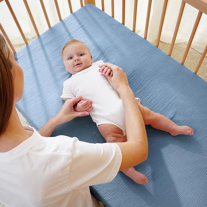 Muslin Crib Sheet – 100% Cotton Baby Fitted Sheet for Boys & Girls, Ultra Soft & Breathable, Snug Fit with 360° Elastic, Fits Standard Crib Mattress 28" x 52" & Toddler Beds.