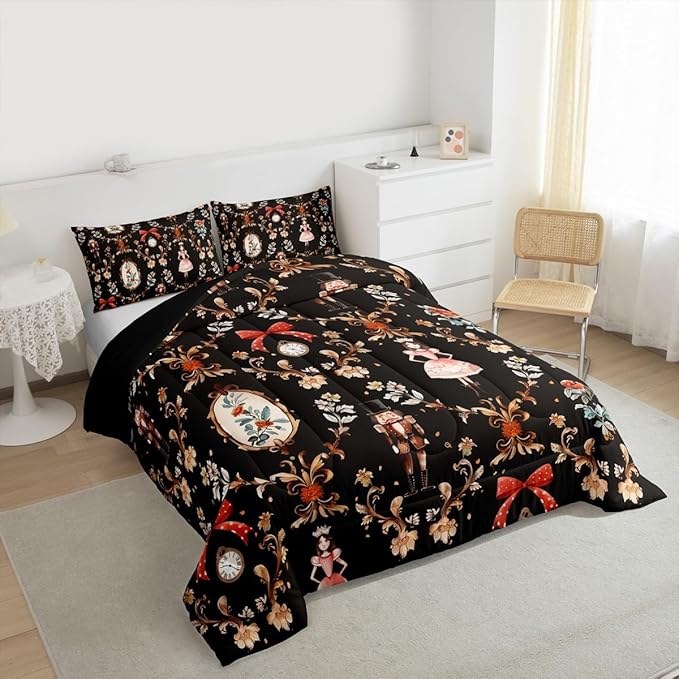 Feelyou Christmas Kids Comforter Set Queen Size Nutcracker Bedding Set Soldier Royal Guarder Princess Duvet Quilt for Kids Boys Girls Bedroom Flower Bow Decor Microfiber Ultra Soft Breathable