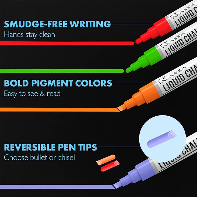Kassa 20-Pack Liquid Chalk Markers | Includes 20 Colors with Reversible Bullet & Chisel Tips | Works on Chalkboards, Windows & Glass | Erasable & Dust-Free | Ideal for Use at Home & Office
