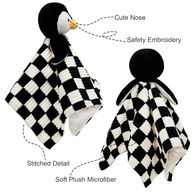 Baby Lovey Blanket for Boys Girls Super Soft Checkerboard Gingham with Minky Dot Fabric Backing Penguin Stuffed Animal Lovely Snuggle Toy Black 14 Inch