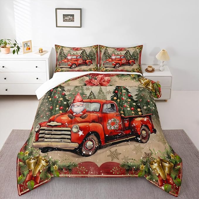Manfei Red Truck Comforter Set Twin Size, Xmas Trees Santa Claus Snowflake Bedding Set 2pcs for Kids Boys Girls Room Decor, Christmas Theme Down Comforter New Year Quilt Set with 1 Pillowcase