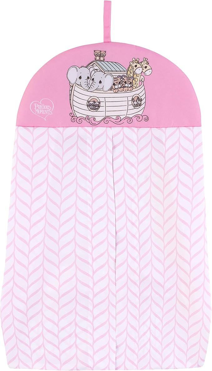 EVERYDAY KIDS Precious Moments Noah’s Ark 4 Pc Crib Bedding for Girls Nursery Set Includes Baby Bed Quilt, Fitted Sheet, Dust Ruffle and Diaper Stacker with Sweet Images of Elephants and Giraffes