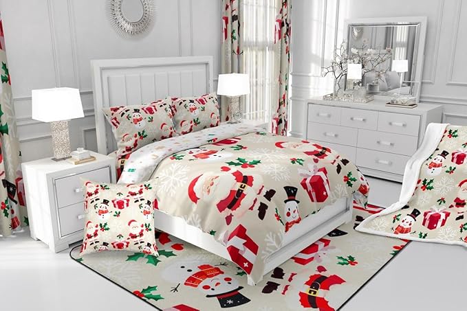 jejeloiu Merry Christmas Comforter Set King Size Xmas Santa Claus Bedding Set for Kids Boys Girls Cute Snowman Duvet Quilt Beige Bedroom Decor