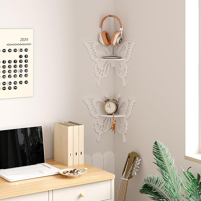 2-Tier Butterfly Corner Shelf - Nursery Wall Deor Floating Corner Shelf for Kid’s Room, Small Cute Decorative Shelf Wall Mounted, White Hanging Hollow Out Shelf for Toys, Plants and Storage