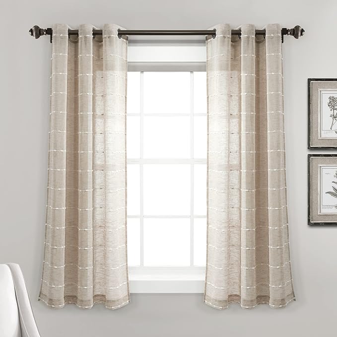 Lush Decor Farmhouse Textured Grommet Sheer Window Curtain Panel Pair, 38"W x 63"L, Neutral