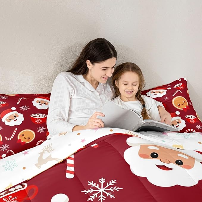 Feelyou Merry Christmas Comforter Set Twin Size Santa Claus Bedding Set for Kids Boys Girls Gingerbread Man Duvet Quilt Snowflake Bedroom Decor Microfiber 2 Pcs with 1 Pillow Cases