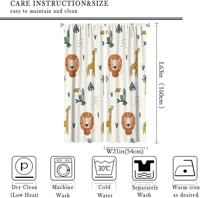 Cute Lion Window Curtains for Kids Bedroom,Cartoon Woodland Jungle Forest Wildlife Little Lion Giraffe Owl Palm Tree Printed Pattern Blackout Drapes for Living Room Baby Nursery Room 42x63in