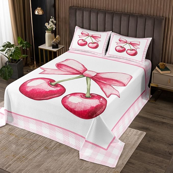 Cherry Bowknot Kids Bedspread King Size,Geometric Plaids Grids Patchwork Fashion Coverlet Set,Girls Women Room Decor,Bow Tie Princess Dreamy Quilted Coverlet,Pink Cute Bedding Quilt,2 Pillowcases