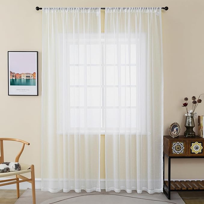 Off White Sheer 90 Inch Curtains 2 Panels, 50 Inches Width, Linen Look Transparent Curtain, Rustic Textured Light Filtering Drapes, Long Rod Pocket Window Treatments