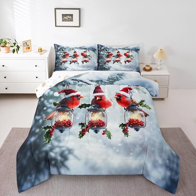 Feelyou Merry Christmas Comforter Set All Season Robin Bird Bedding Set with 2 Pillow Cases Snowflake Microfiber Kids King Bedclothes Winter Bedroom Decor Duvet Quilt Breathable Soft Lightweight