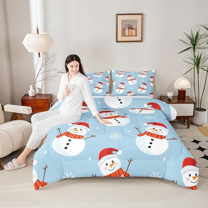 Feelyou Merry Christmas Bedding Set Soft for Boys Girls, Snowman Comforter Set Twin Size Snowflake Duvet Quilt Microfiber Bedroom Decor 2 Pcs with 1 Pillow Cases