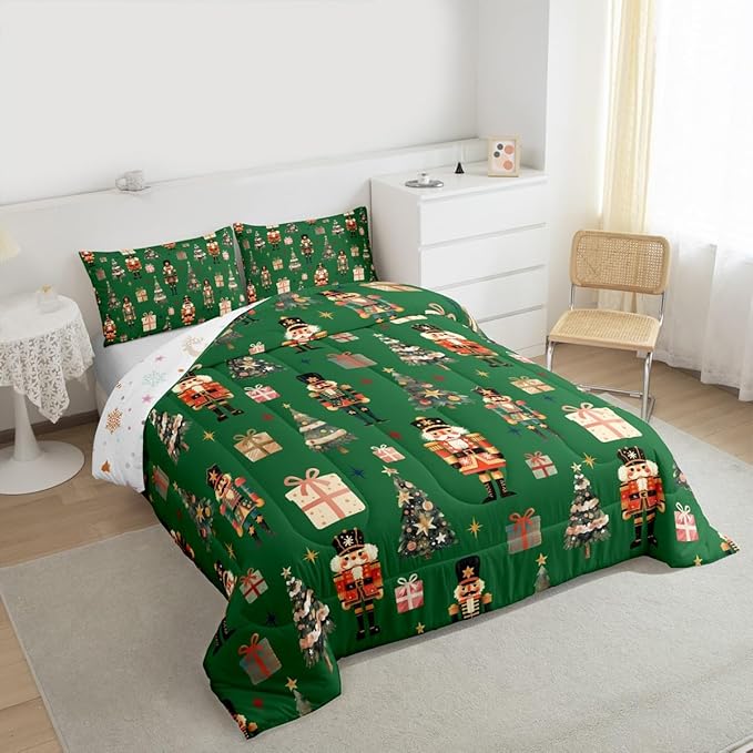 jejeloiu Xmas Nutcracker Comforter Set Queen Size Christmas Green Bedding Set for Kids Boys Girls Cute Snowflakes Duvet Quilt Bedroom Decor