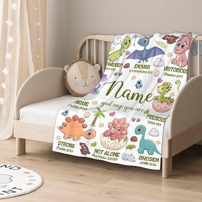Personalized Dinosaur Blanket,Custom Dinosaur Gifts for Kids Boys,God Says I Am Themed Blanket,Meaningful Thoughtful Religious Baptism Christian Gifts,Bible Verse Quilt with Name, 30"x40"